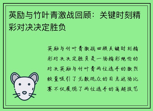 英励与竹叶青激战回顾：关键时刻精彩对决决定胜负